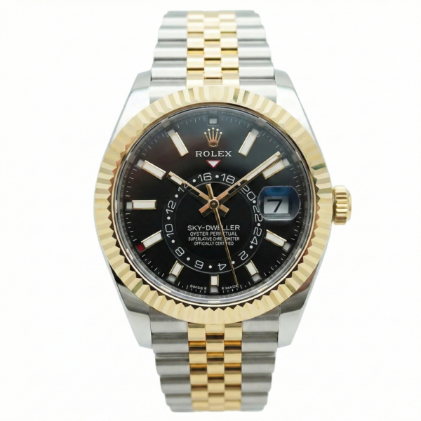 Rolex Sky-Dweller the Yellow Rolesor Model with a black dial and Jubilee bracelet.