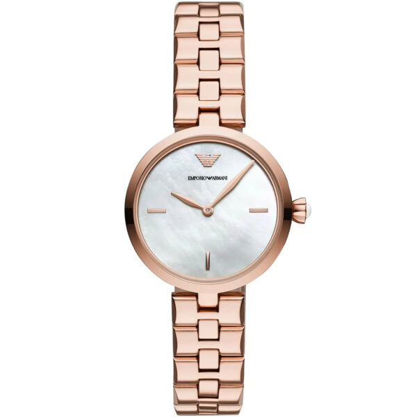 Emporio Armani Women's Watch the Rose Gold Model with a Mother of Pearl dial and link bracelet.
